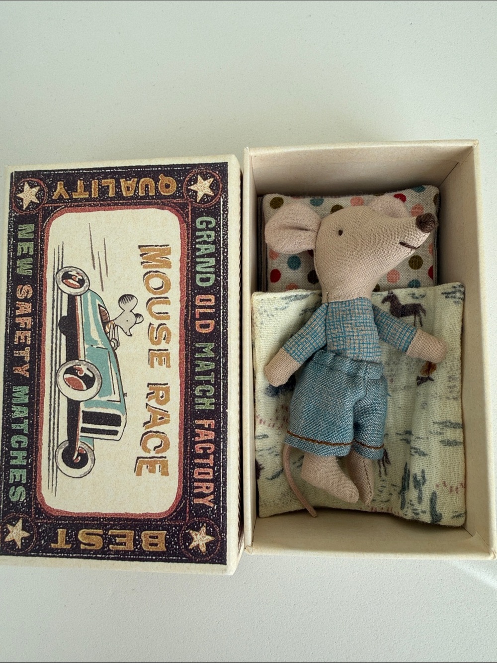 Maileg Little Brother Mouse in Box (Blue Jeans)